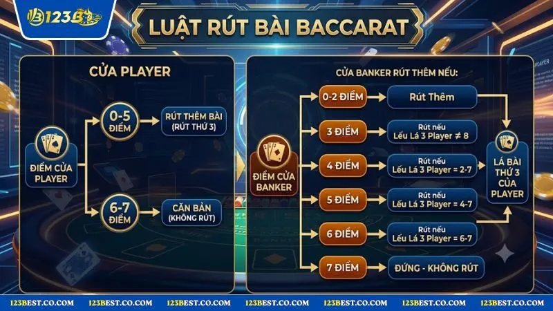 Bảng biểu diễn chi tiết quy tắc rút lá thứ ba trong baccarat cho hai cửa cược Player và Banker.