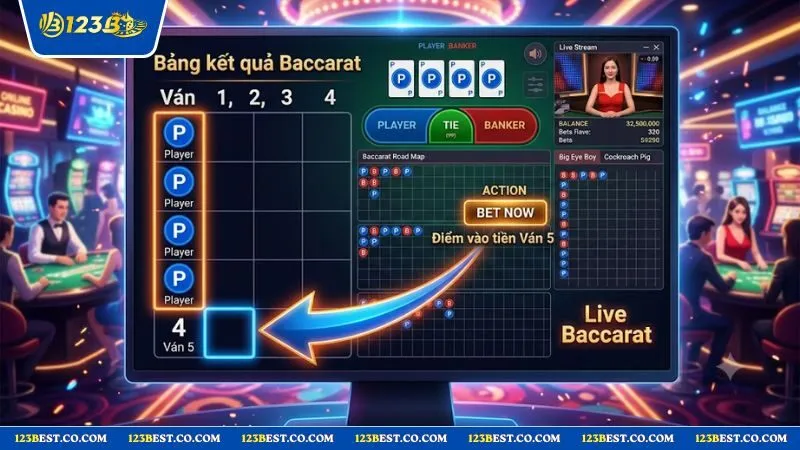 Bảng lịch sử cầu Baccarat xuất hiện dây bệt xanh liên tiếp 4 ván giúp nhận diện thời điểm vào tiền