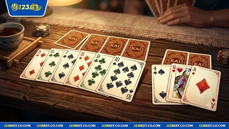Bộ bài Tiến lên có sảnh dài từ năm đến mười, minh họa mẹo giữ bài chờ đông hiệu quả.