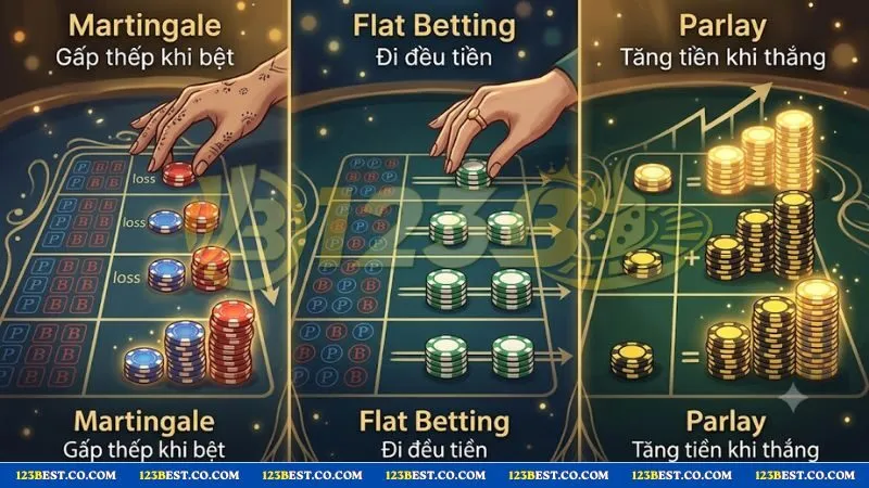 Các chồng chip cược minh họa cho 3 cách bắt cầu bệt baccarat giúp tối ưu hóa lợi nhuận thực chiến