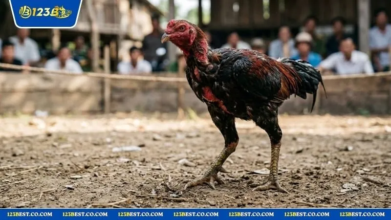 Chiến kê có vảy án thiên đang trong tư thế sẵn sàng thực chiến tại trường gà