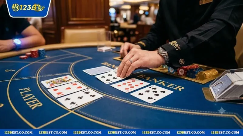 Dealer đang chia thêm lá bài thứ ba trên bàn cược, minh họa quy tắc rút lá thứ ba trong baccarat chuẩn xác.