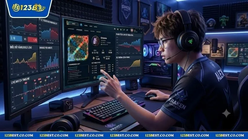 Game thủ đang sử dụng cách đọc kèo chấp game trong liên minh huyền thoại trên màn hình máy tính chuyên nghiệp