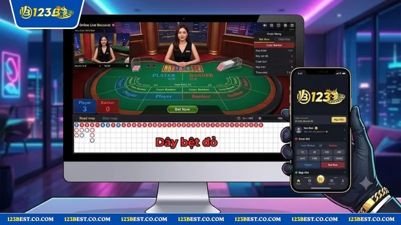 Giao diện bàn chơi Baccarat trực tuyến hiển thị dây bệt đỏ dài cùng hướng dẫn cách bắt cầu bệt baccarat hiệu quả
