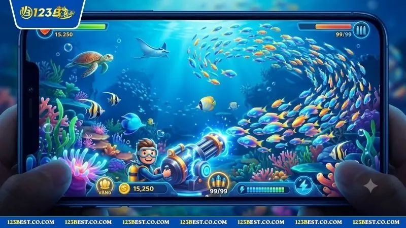 Giao diện game bắn cá đổi thưởng nơi người chơi thực hiện mẹo bắn cá nhỏ tích điểm ổn định để tích lũy lợi nhuận