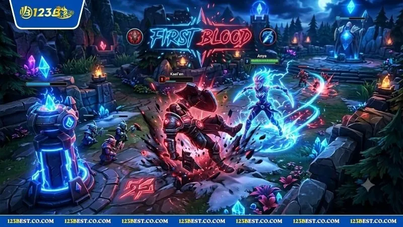 Hình ảnh đồ họa minh họa kèo first blood là gì trong các trận đấu Esports chuyên nghiệp