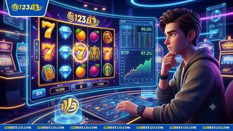 Hình ảnh minh họa về rtp trong slot game với các con số tỷ lệ hoàn trả nổi bật trên màn hình máy quay hũ