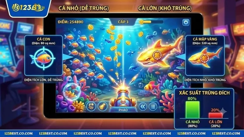 Hình ảnh minh họa xác suất trúng đạn cao khi áp dụng mẹo bắn cá nhỏ tích điểm ổn định vào các đàn cá di chuyển chậm