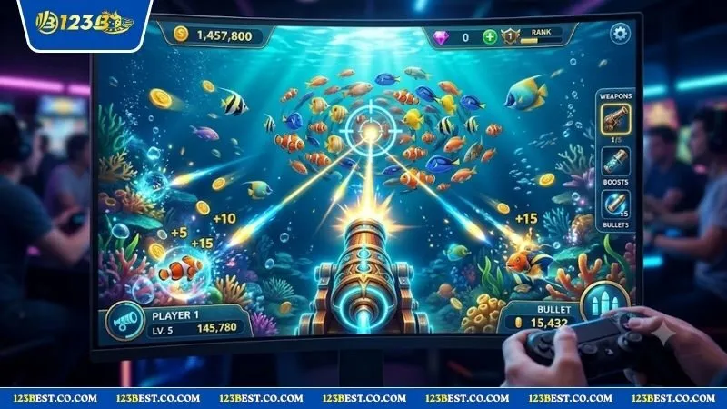 Màn hình game bắn cá minh họa mẹo bắn cá nhỏ tích điểm ổn định giúp người chơi duy trì nguồn vốn an toàn
