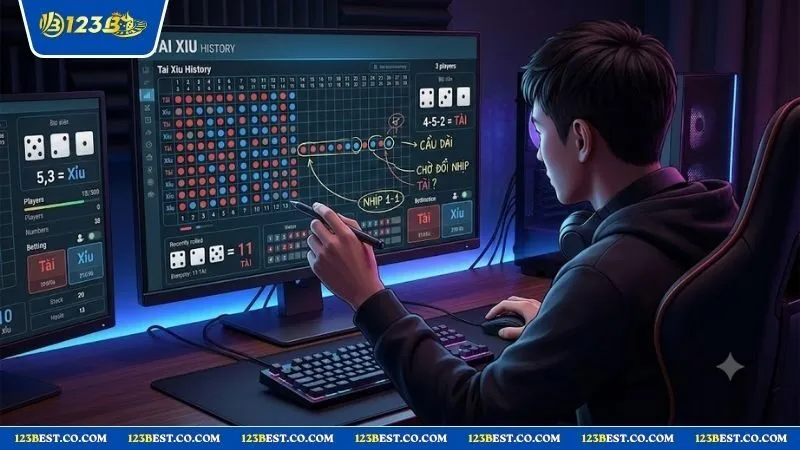 Người chơi đang phân tích lịch sử các ván cược để áp dụng cách bắt cầu 1-1 tài xỉu hiệu quả.