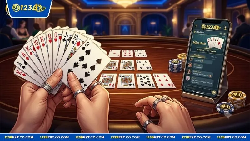 Người chơi đang xếp 13 lá bài Tây trên bàn gỗ để tìm hiểu mậu binh là gì và cách chia chi chuẩn xác.