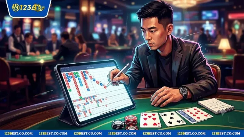 Người chơi phân tích bảng lịch sử cầu để áp dụng quy tắc rút lá thứ ba trong baccarat winning hiệu quả.