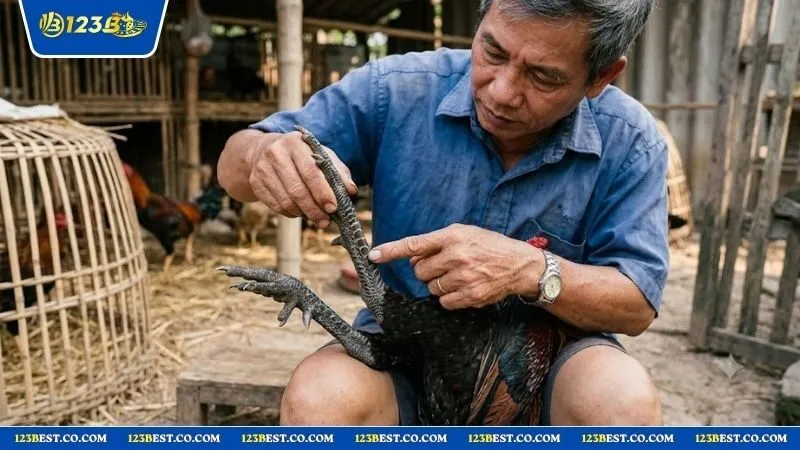 Sư kê đang hướng dẫn cách xem vảy gà đòn chuẩn bằng cách phân biệt hàng nội và hàng ngoại trên chân gà.