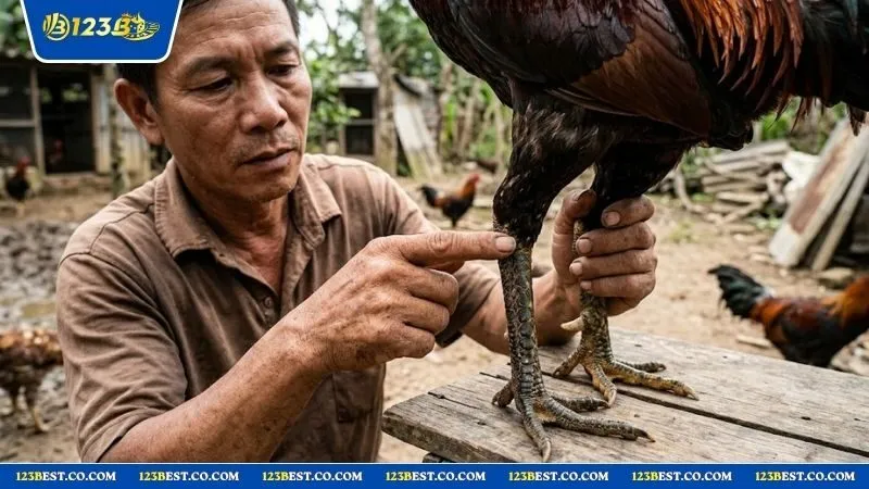 Sư kê đang kiểm tra vảy án thiên trên đôi chân gà chọi một cách tỉ mỉ