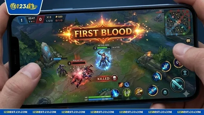 Thông báo First Blood xuất hiện trên màn hình thi đấu Liên Minh Huyền Thoại