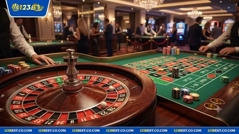Bàn quay Roulette kiểu châu Âu với các con số từ 0 đến 36 trong sảnh casino sang trọng