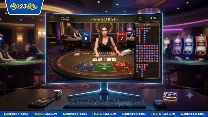Bảng kết quả hiển thị cầu 1-1 trong baccarat là gì với các ký hiệu xanh đỏ xen kẽ trên giao diện bàn chơi