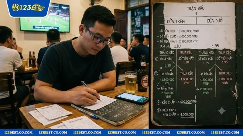 Sơ đồ minh họa cách tính tiền thắng thua khi tham gia kèo chấp 0.5 trái cho người mới bắt đầu