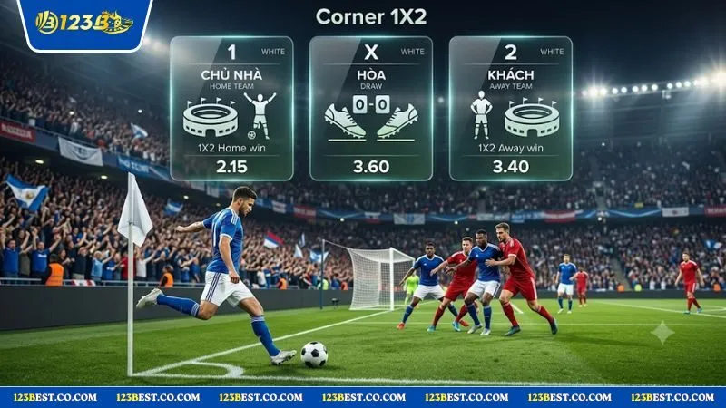 Đồ họa minh họa các lựa chọn cược phạt góc 1x2 trong hiệp 1 của trận đấu
