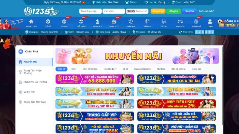 Giao diện website hiển thị chi tiết các gói khuyến mãi 123B đang được áp dụng cho thành viên trong năm 2026