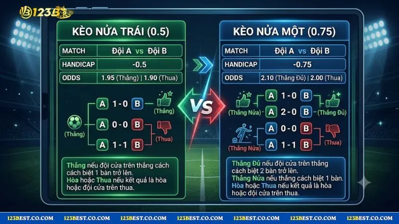 Bảng so sánh chi tiết giữa kèo chấp 0.5 trái và kèo chấp 0.5-1 để người chơi phân biệt